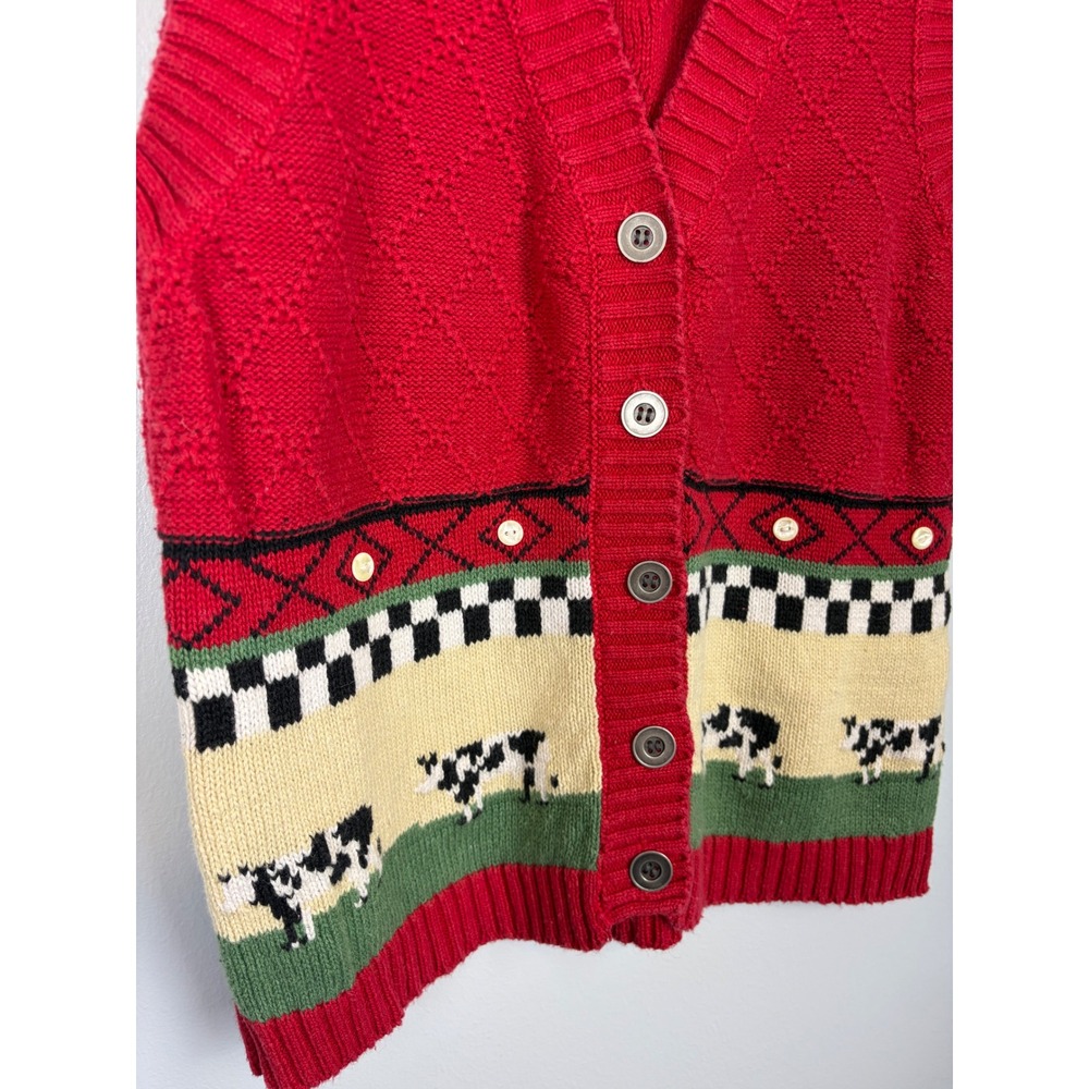 Vintage Capacity Red Cow Print Cardigan Vest Small‎ Ramie Cotton Knit Button Up - Picture 2 of 9